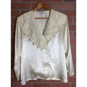 Vintage 90s San André Womens Satin Embellished Lace Trim Blouse Top Beige Sz 14